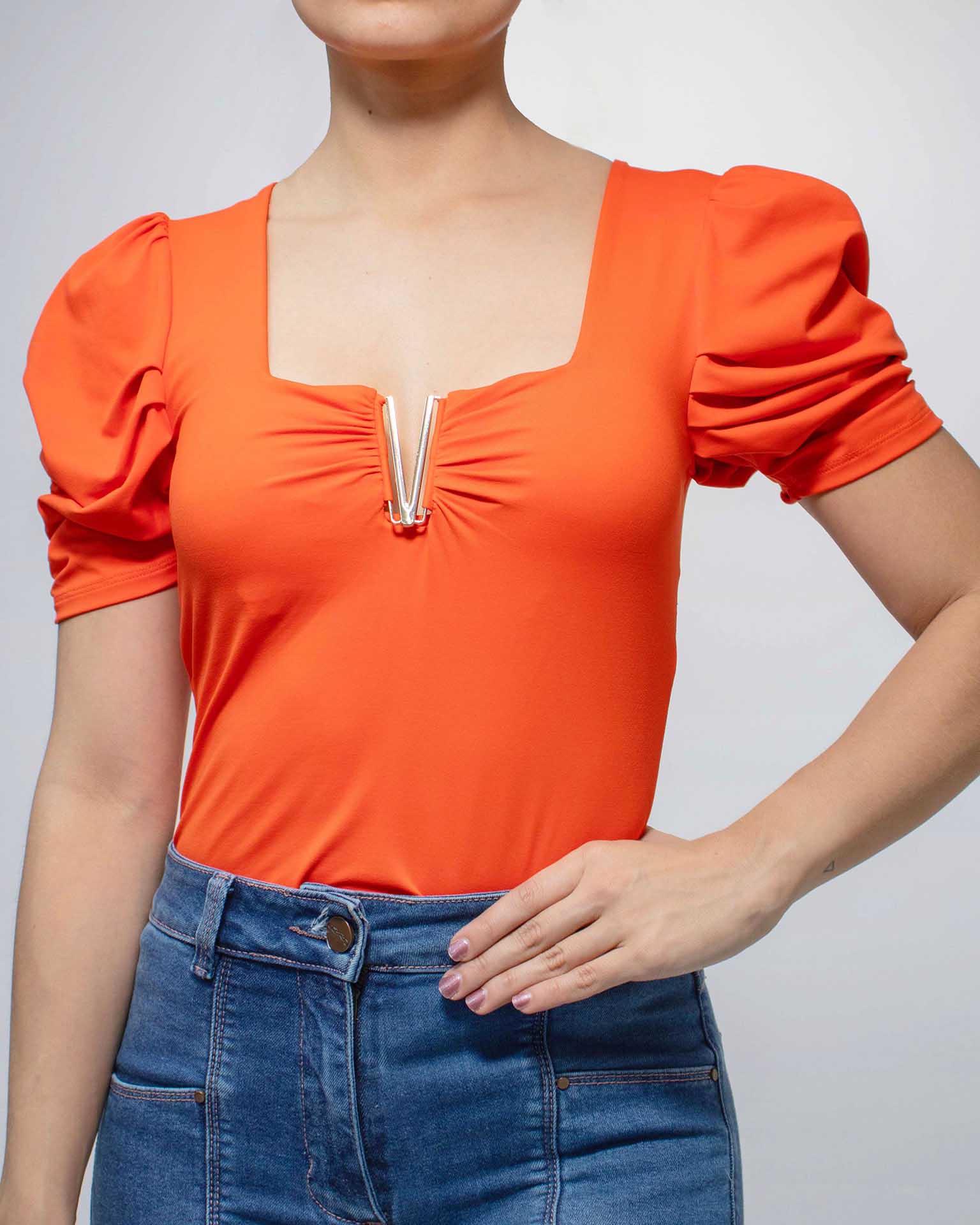 Blouse with V-shaped Neckline and Buckle Detail | Gat Fashion Lab